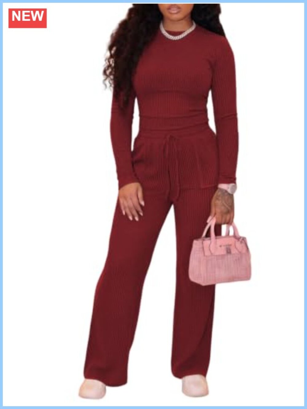 Ribbed Knit Long Sleeve Top Wide Leg Pants 2 Piece Lounge Set Drawstring